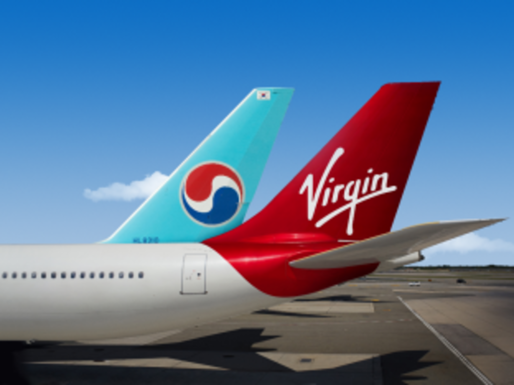 A render of the tailplanes of a Virgin Atlantic and Korean Air aircraft.