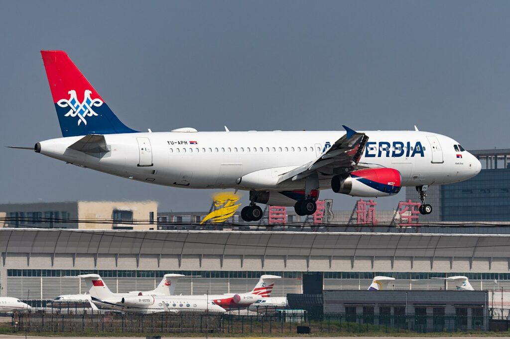 An Air Serbia Airbus A320 landing.