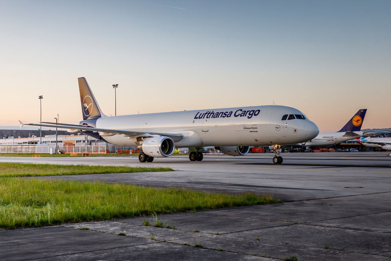 A Lufthansa Cargo A321F freighter parked on the tarmac