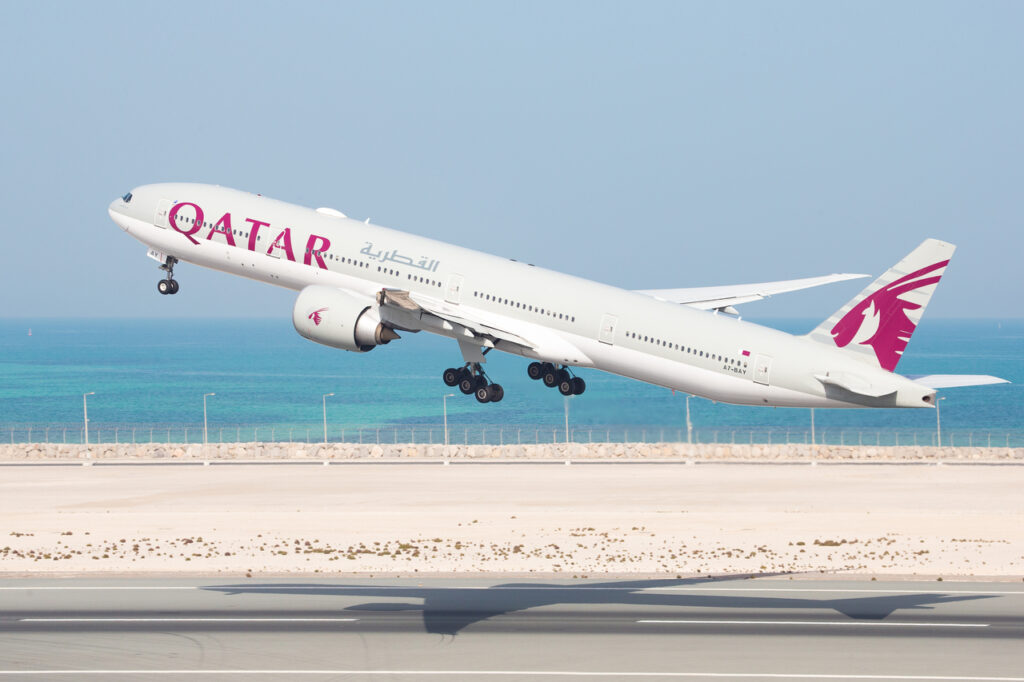 A Qatar Airways flight becomes airborne.