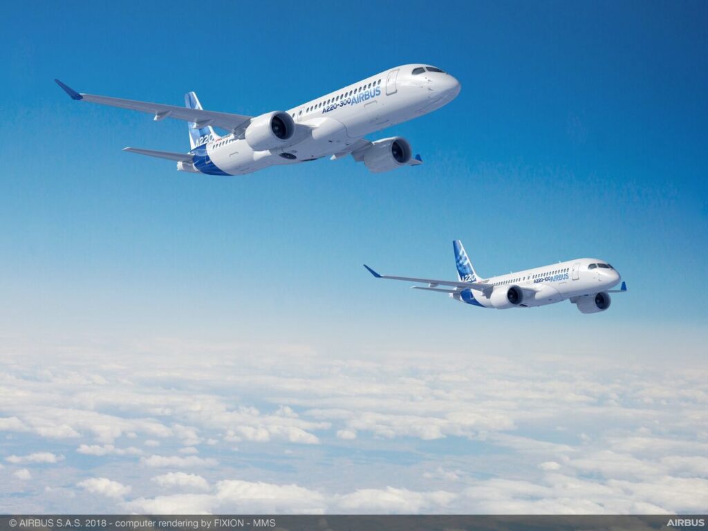 Render of two Airbus Canada A220 aircraft in flight.