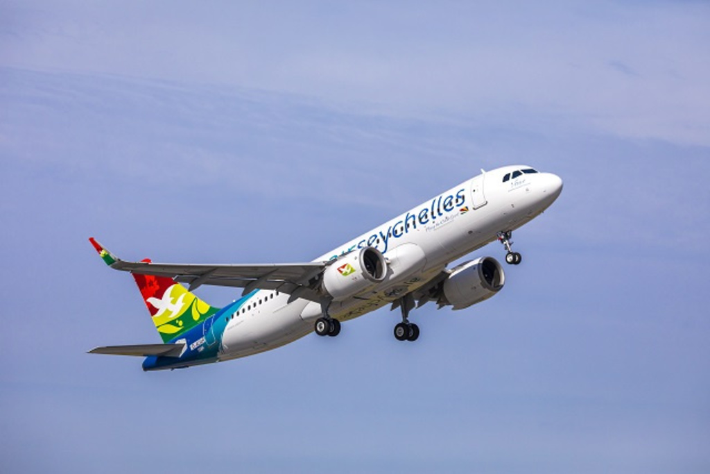 An Air Seychelles Airbus climbs after takeoff.