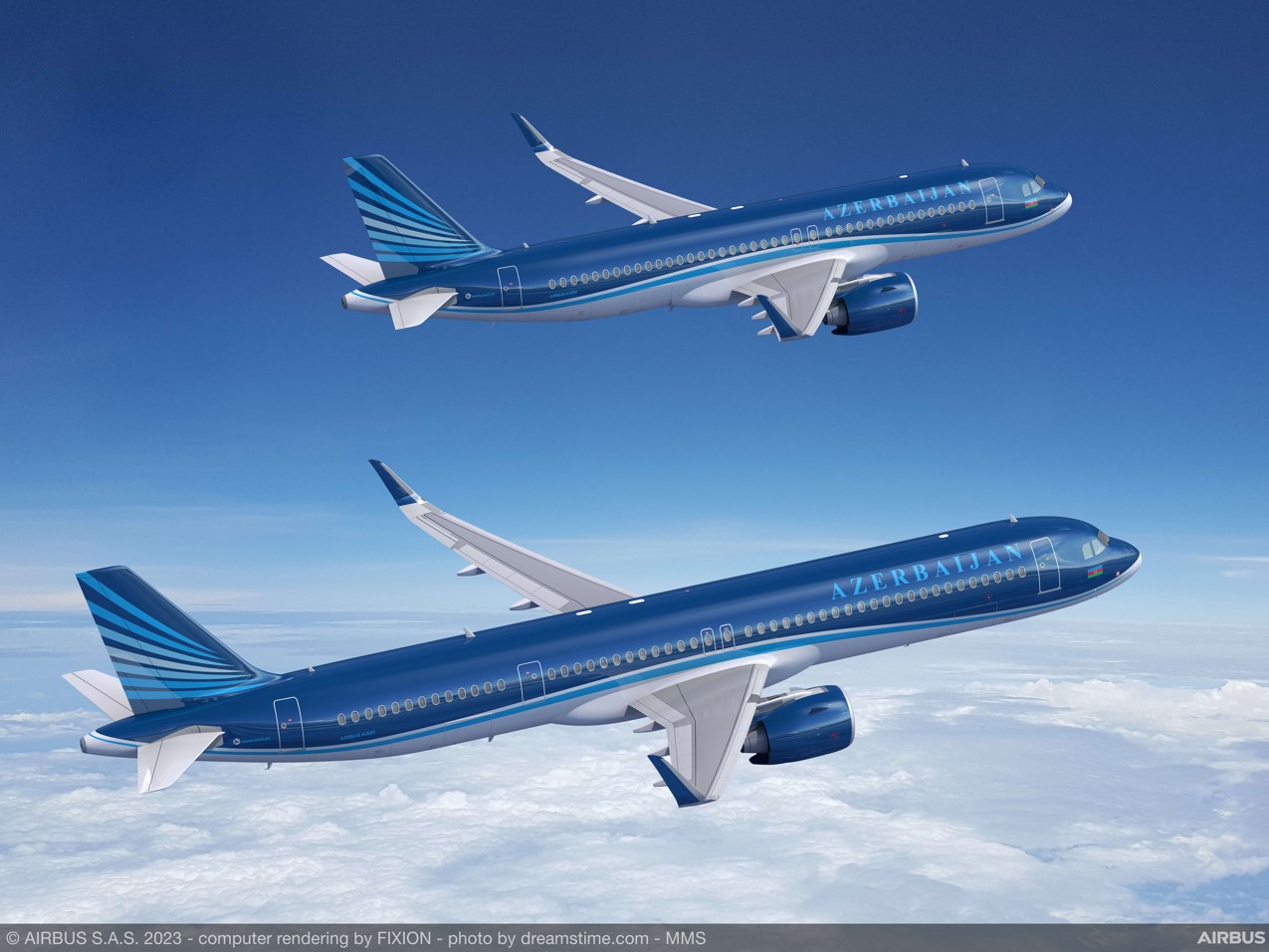 Render of 2 Azerbaijan Airlines Airbus A320neo aircraft in flight.