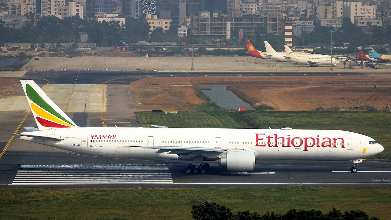 An Ethiopian Airlines Boeing 777 lines up for takeoff.
