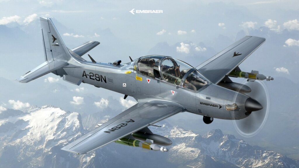 Render of Embraer A29N NATO configuration Super Tucano aircraft in flight.