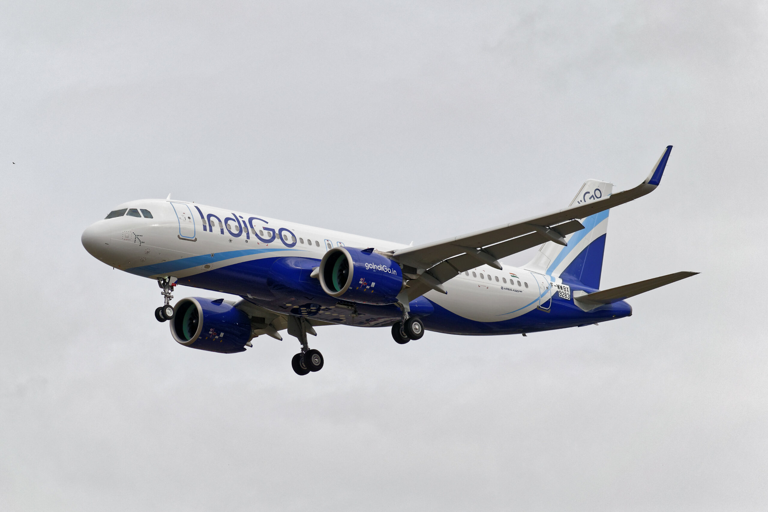 An IndiGo Airbus A320 approaches to land.