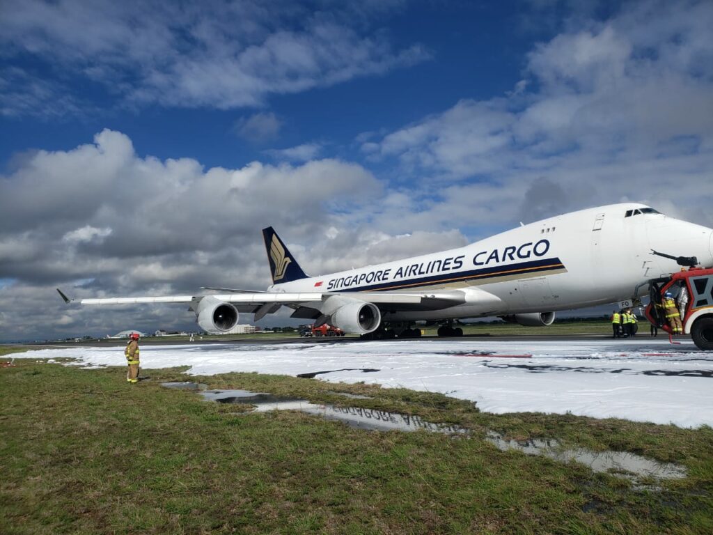 A Singapore Airlines freighter on the runway in Nairobi following a rejected takeoff.