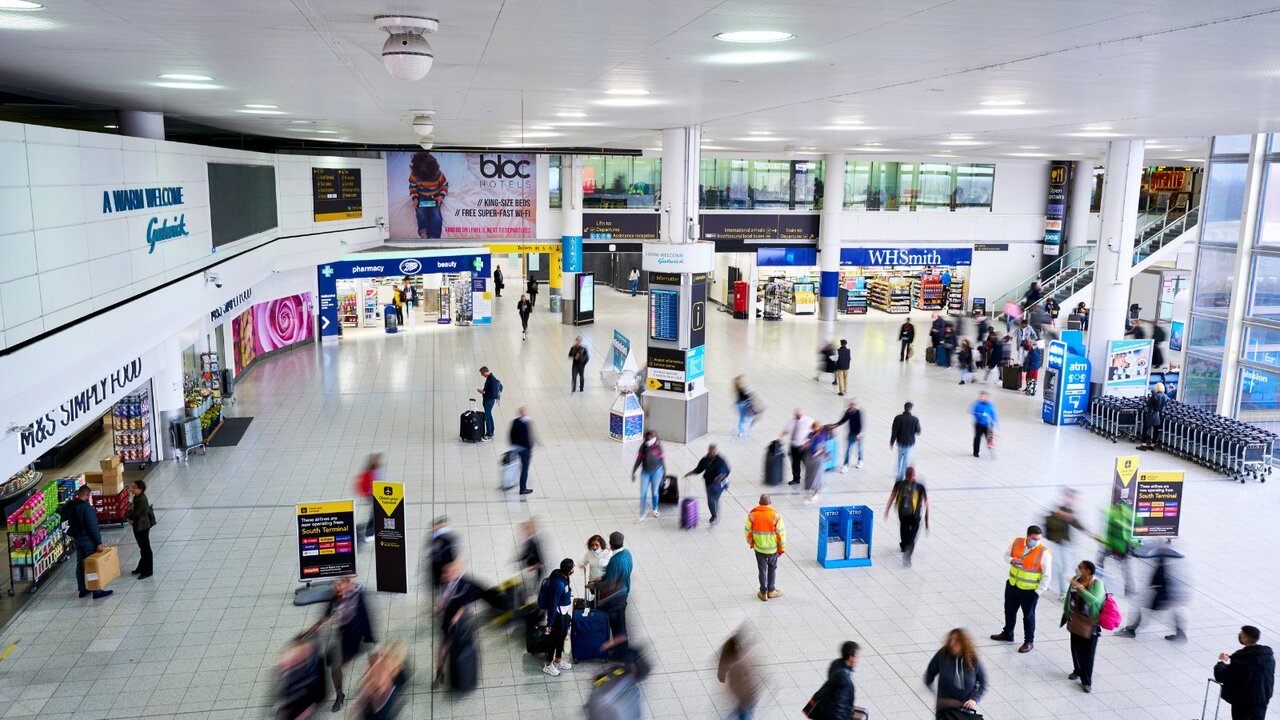 Interior view of Gatwick Airport terminal.