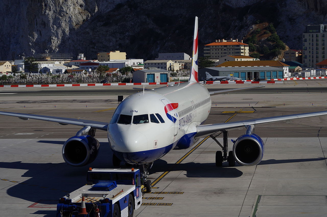 A British Airways Airbus A320 is pushed back for takeoff in Gibraltar.