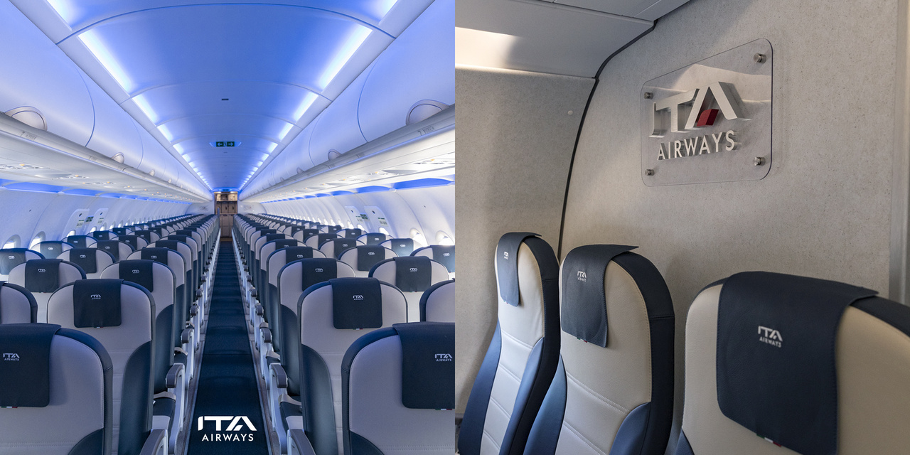 Interior view of new ITA Airways A320neo aircraft.