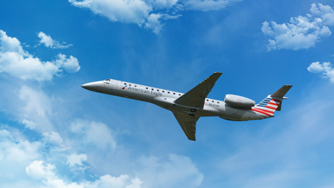 A Piedmont Airlines American Eagle Embraer jet in flight.
