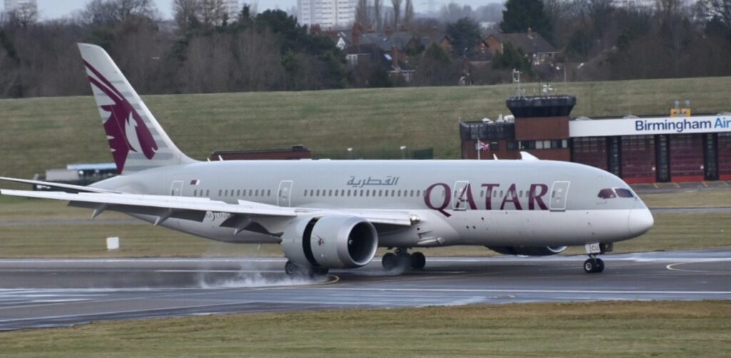 A Qatar Airways flight lands at Birmingham Airport