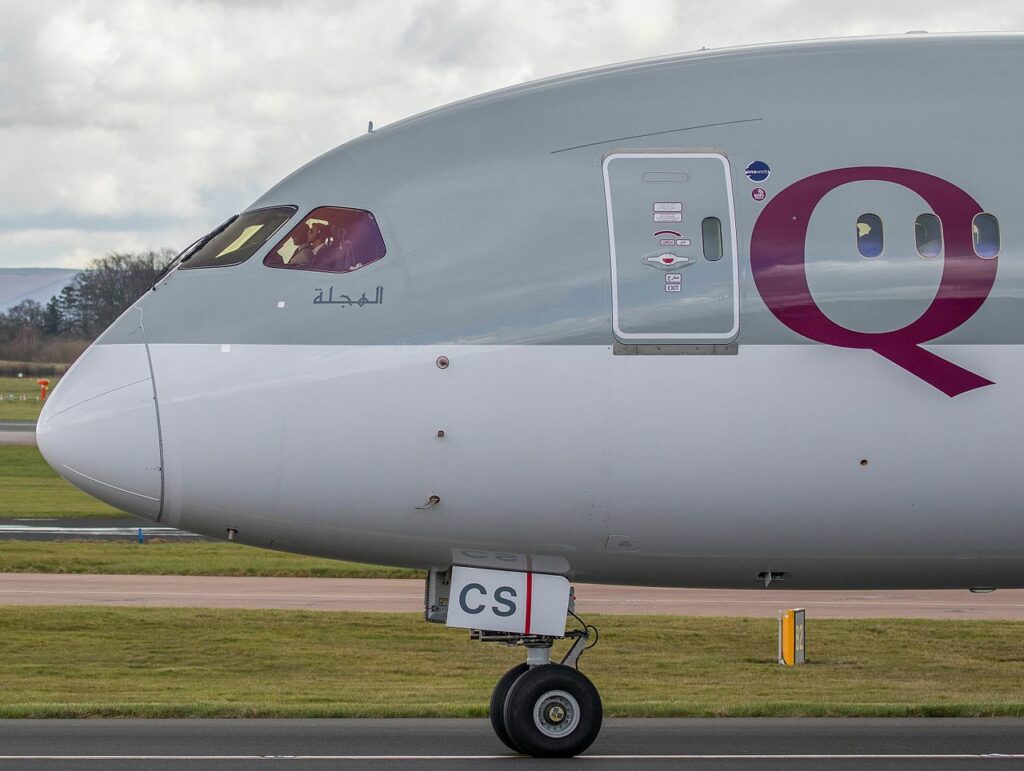 Close up of Qatar Airways Boeing 787-9 nose.