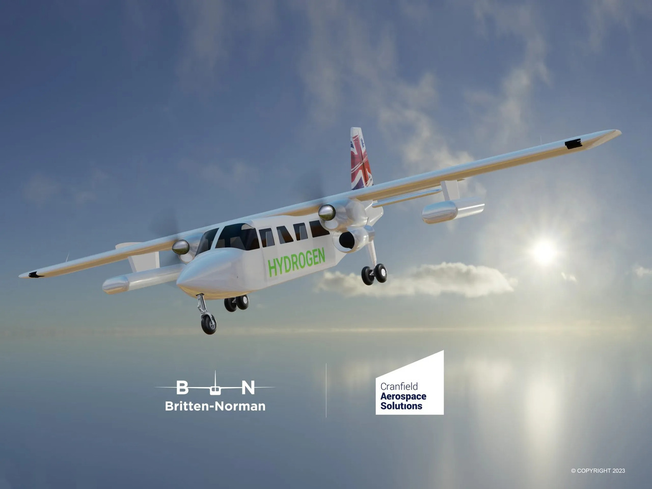 Render of new Britten Norman hydrogen-electric aircraft.