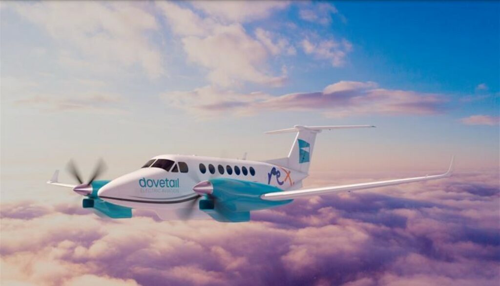 Render of a Rex Airlines Dovetail Aviation electric conversion aircraft in flight.