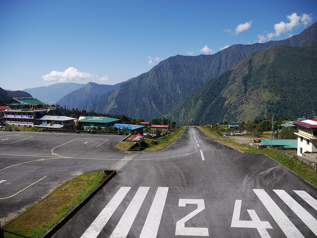 View down runway at Lukla Airport, Nepal.