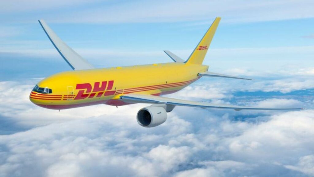 Render of a DHL Express Boeing 777-200LR freighter in flight.