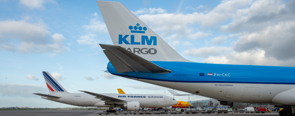 Air France and KLM aircraft parked together.
