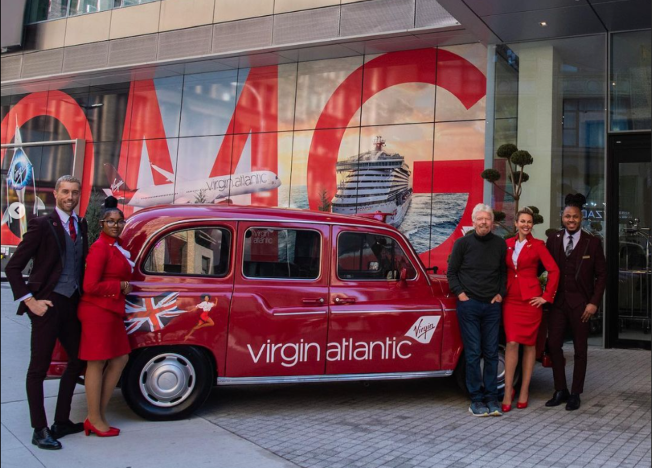 The red Virgin Atlantic promo 'Taxi For Takeoff' cab parked in New York.