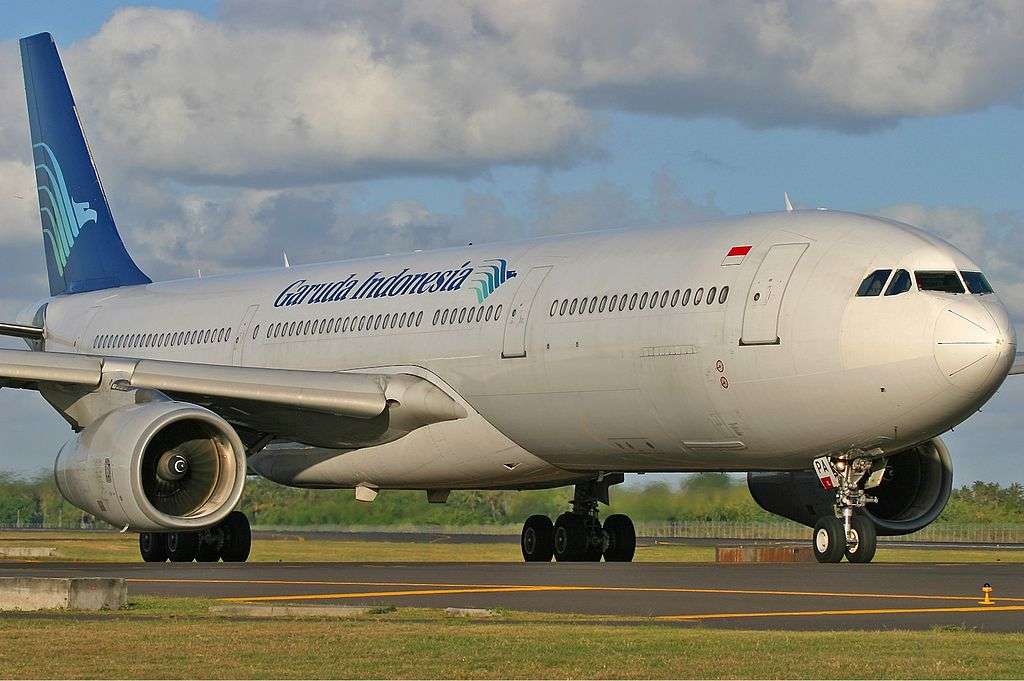 A Garuda A330 taxis in after landing.