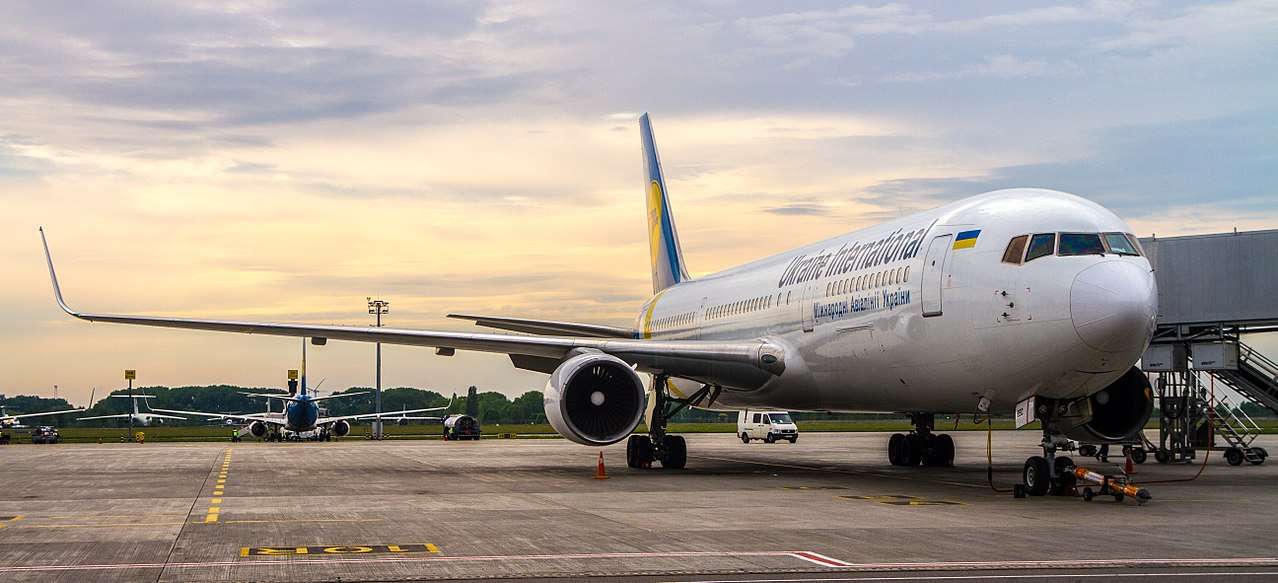 A Ukraine Airlines Boeing 767 parked at Boryspil Airport.