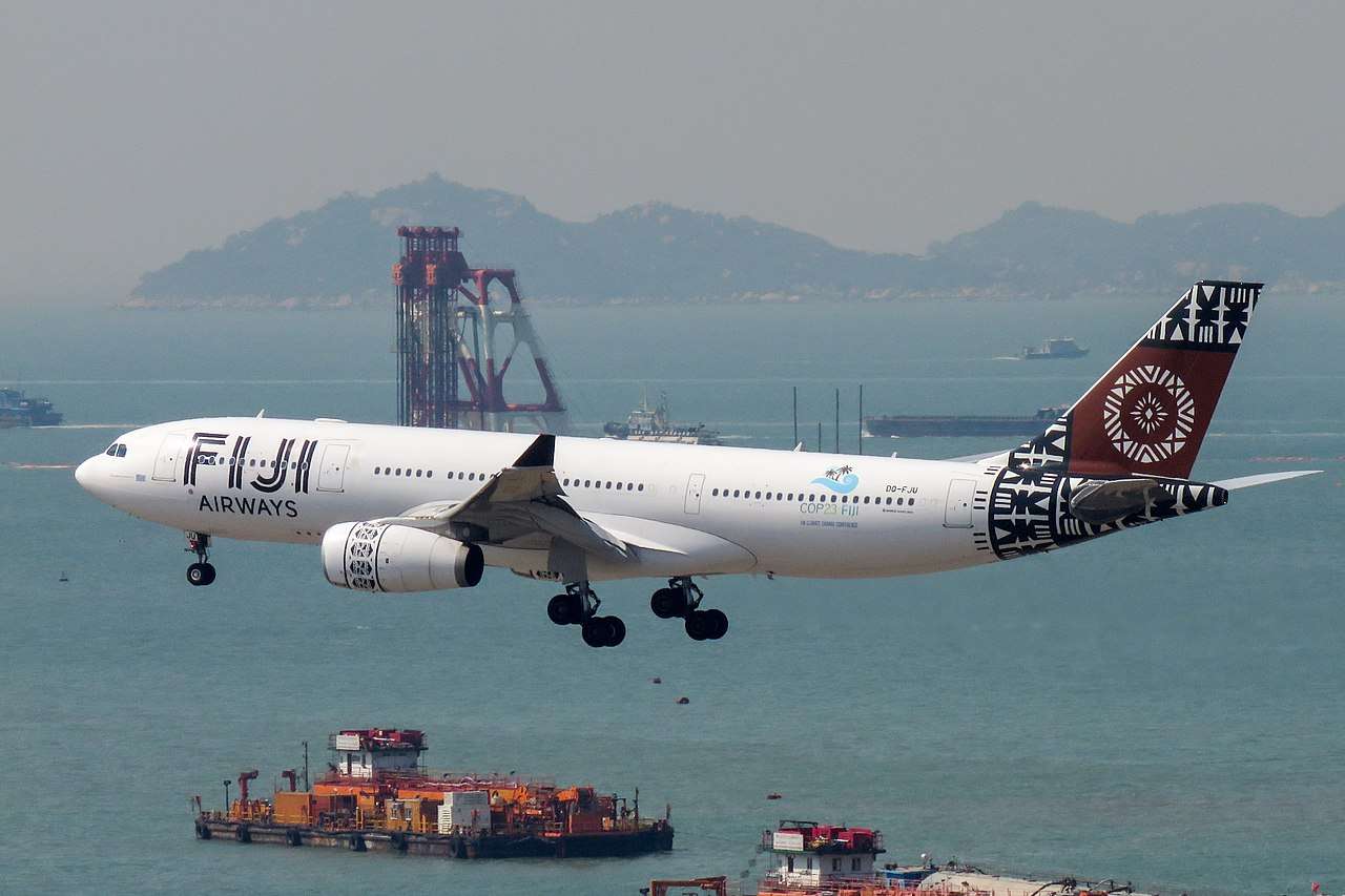 A Fiji Airways flight lands in Hong Kong.