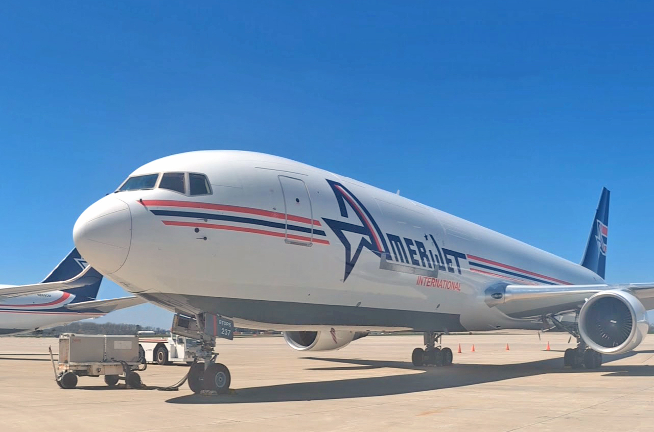 An Amerijet Boeing 767 converted freighter on the tarmac.