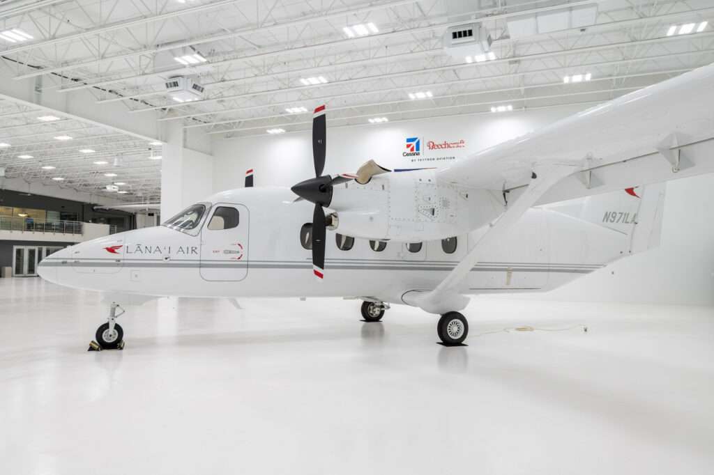 A passenger variant Cessna SkyCourier in the hangar.