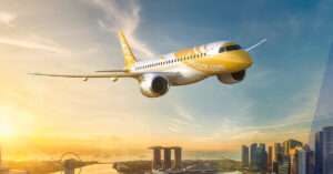 Render of a Scoot Airlines Embraer E190 E2 in flight