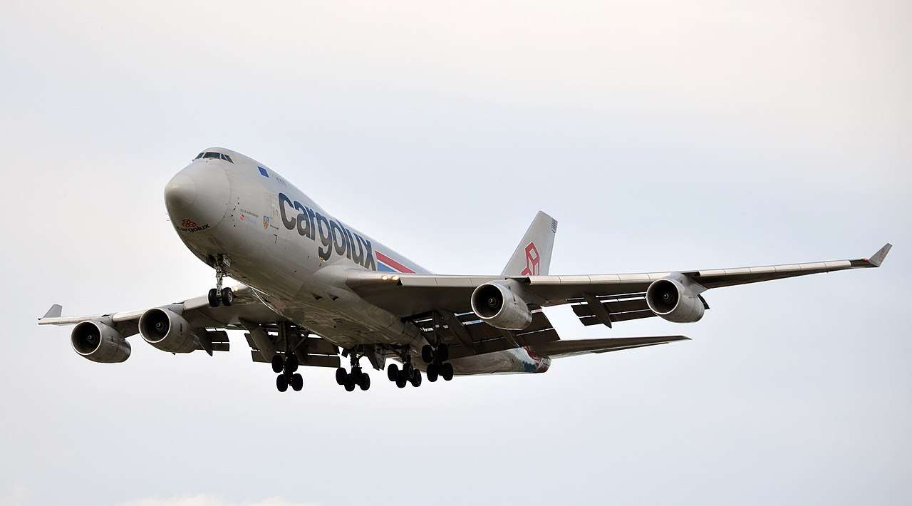 A Cargolux 747 freighter approaches to land.