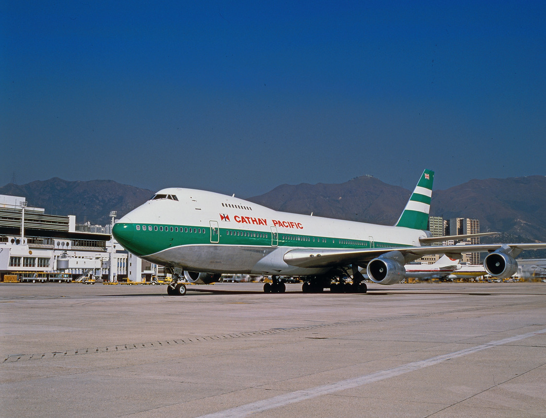 A Cathay Pacific Boeing 747 on the tarmac.