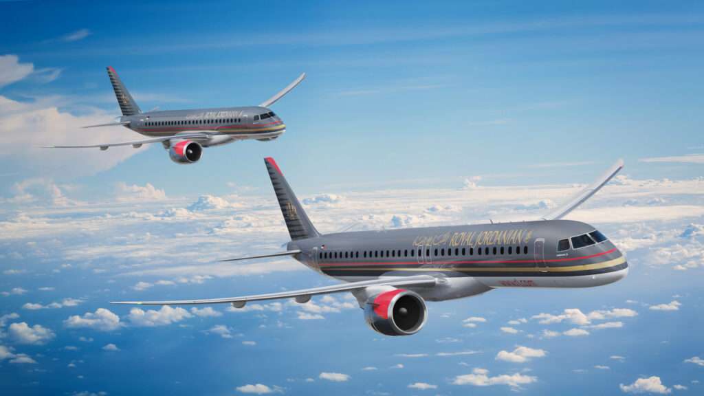 Render of two new Royal Jordania Embraer E2 jets in flight.