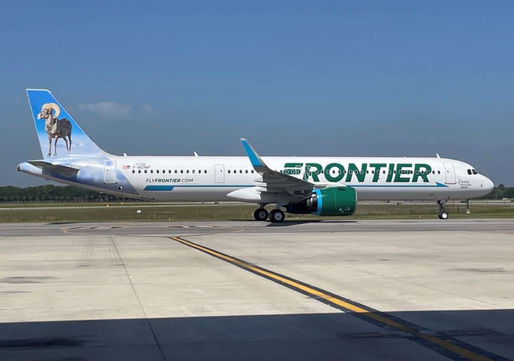 A Frontier Airlines A321neo parked on the tarmac.