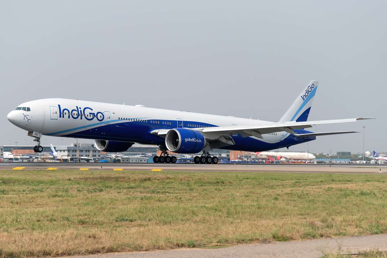 An IndiGo Boeing 777 lands at Delhi airport.
