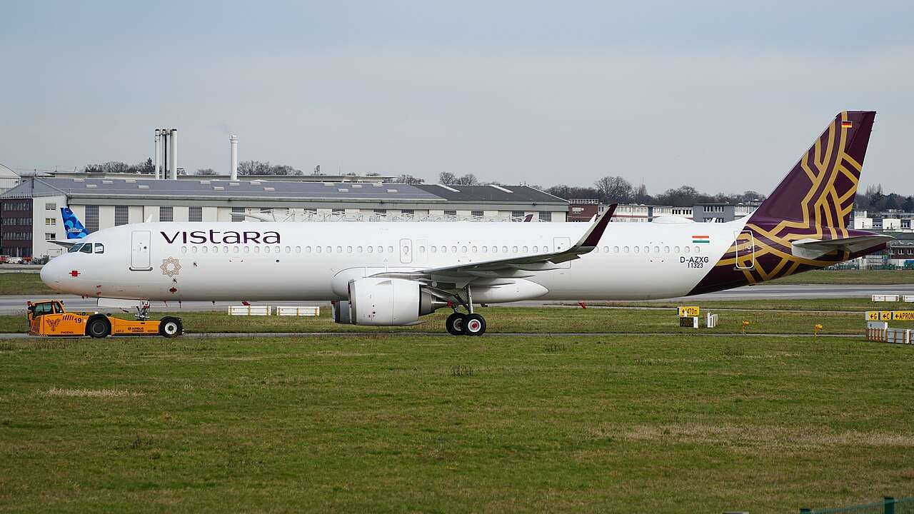 A Vistara Airbus A321 taxis for takeoff.