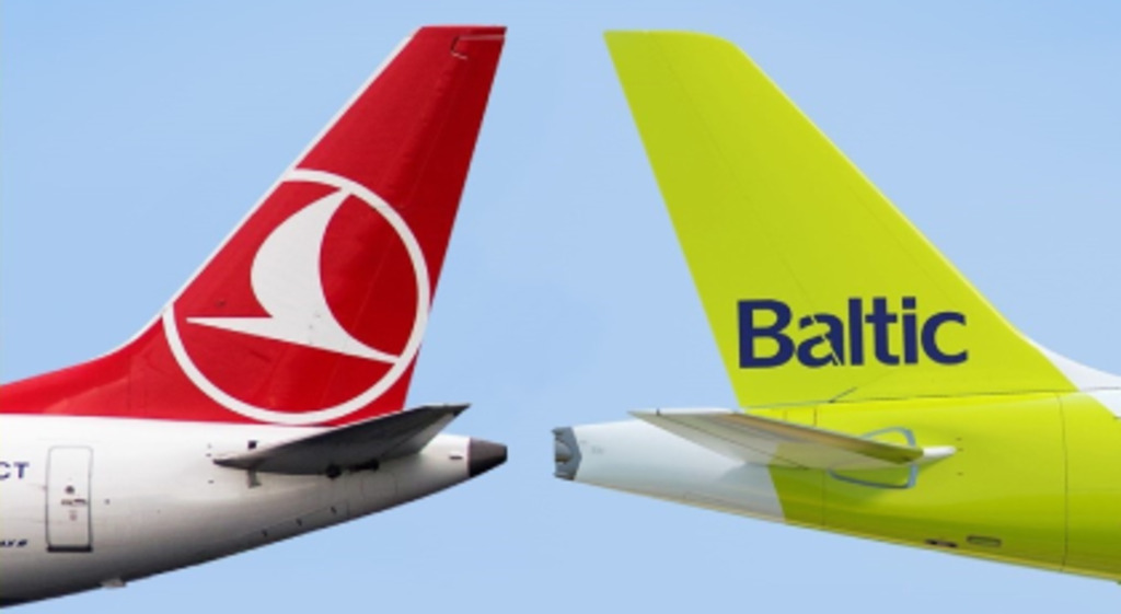 Tailplanes of a Turkish Airlines and airBaltic aircraft together.