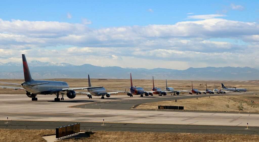 Planes line up for takeoff at Denver Airport.