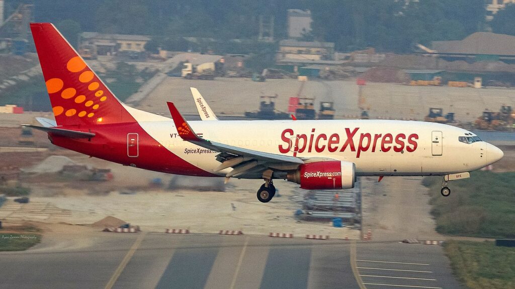A Spicejet SpiceXpress freighter aircraft inflight.