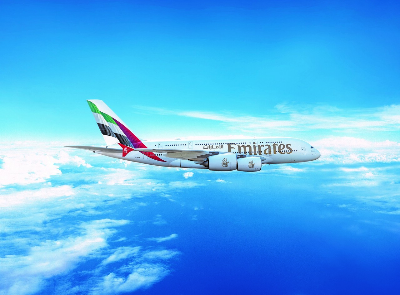 An Emirates Airbus A350 in flight.