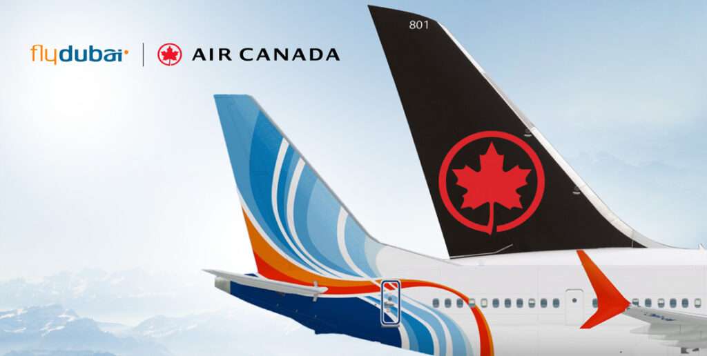 Render of the tailplanes of a flydubai and Air Canada aircraft
