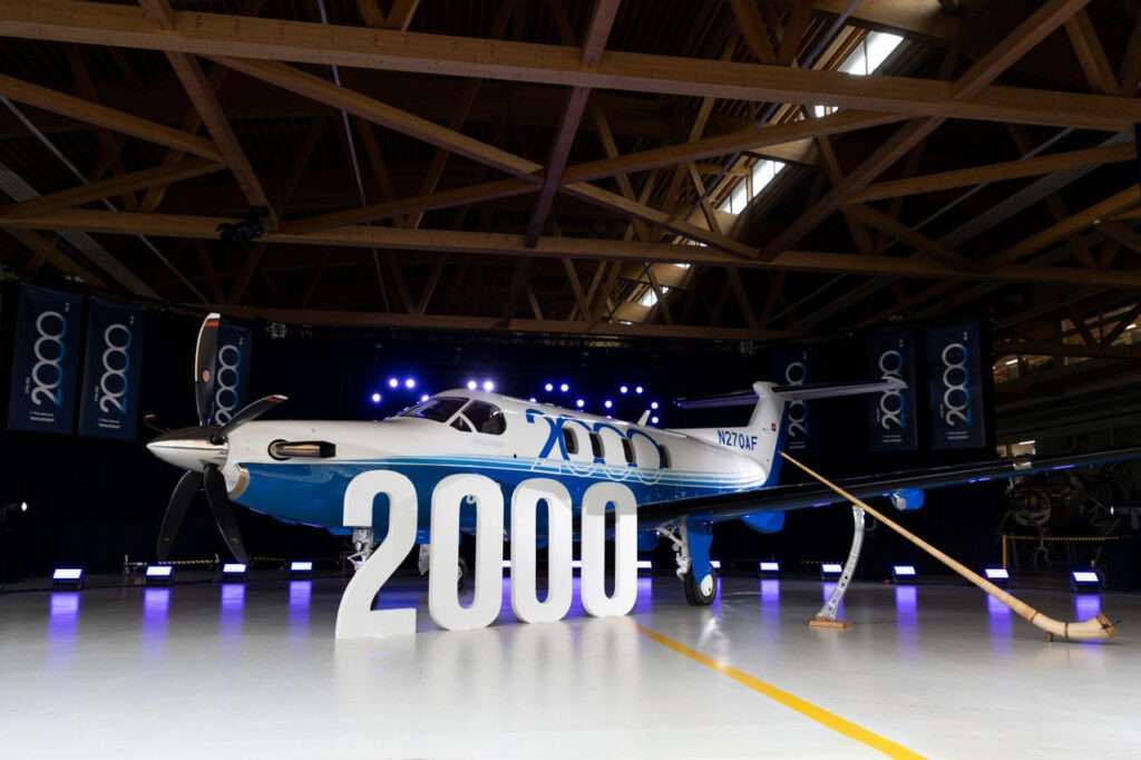 The 2,000th Pilatus PC-12 aircraft in the hangar.