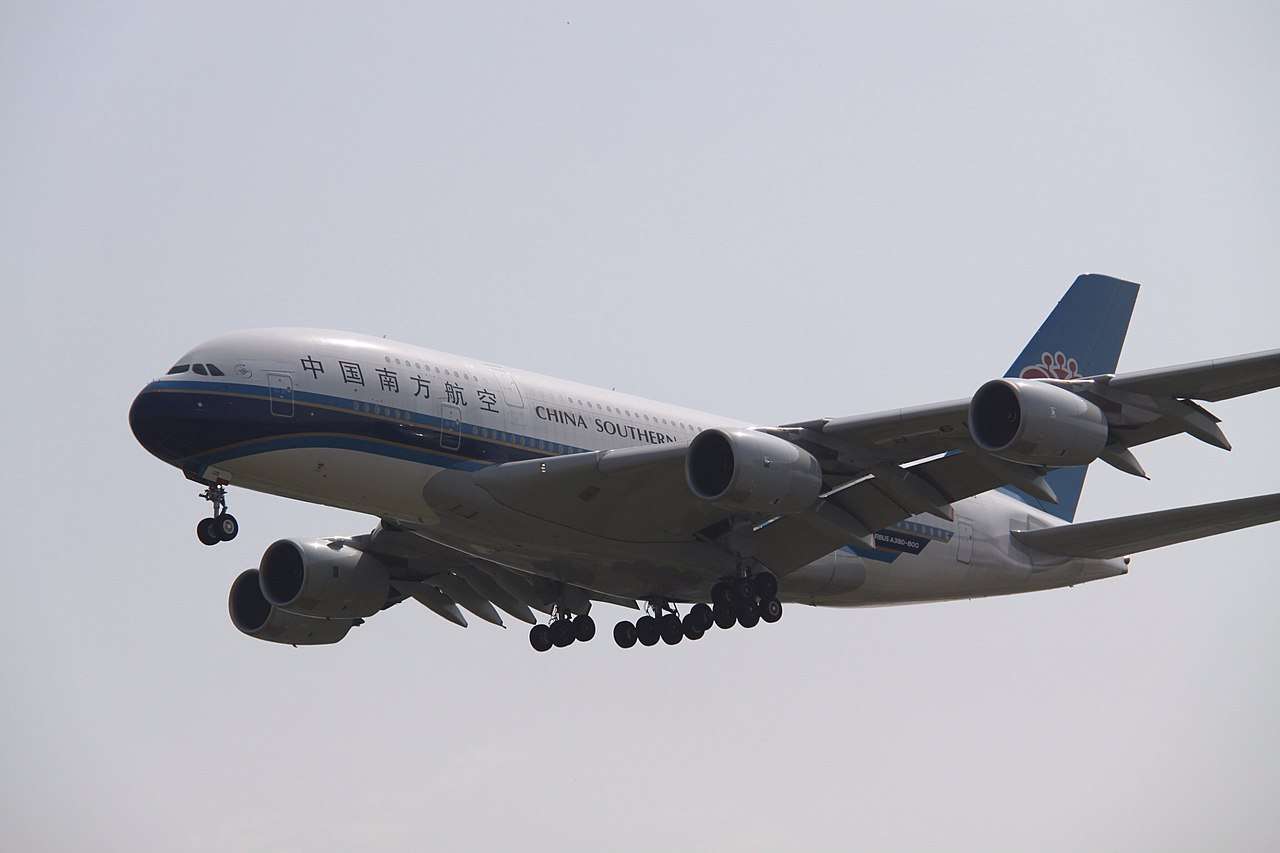 A China Southern Airbus A380 approaches to land.