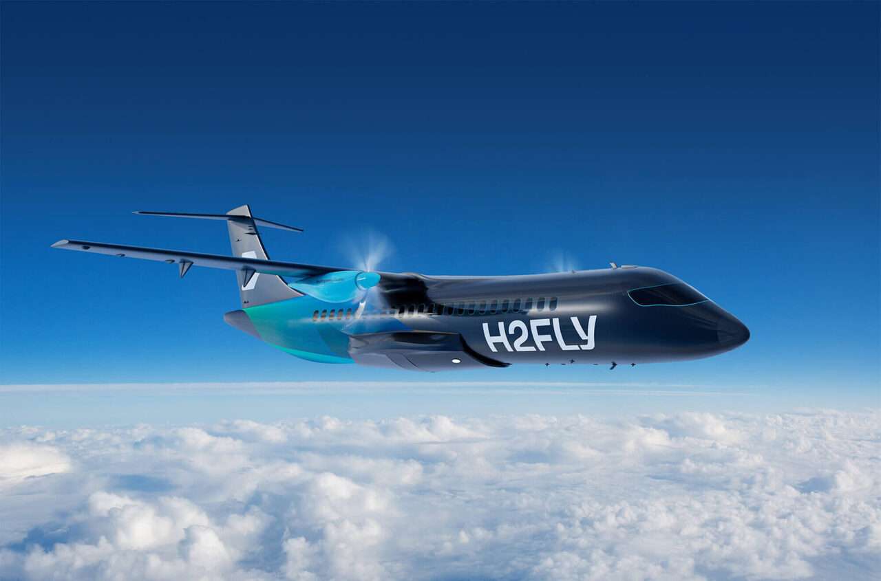 Render of a hydrogen-electric powered H2FLY aircraft in flight.