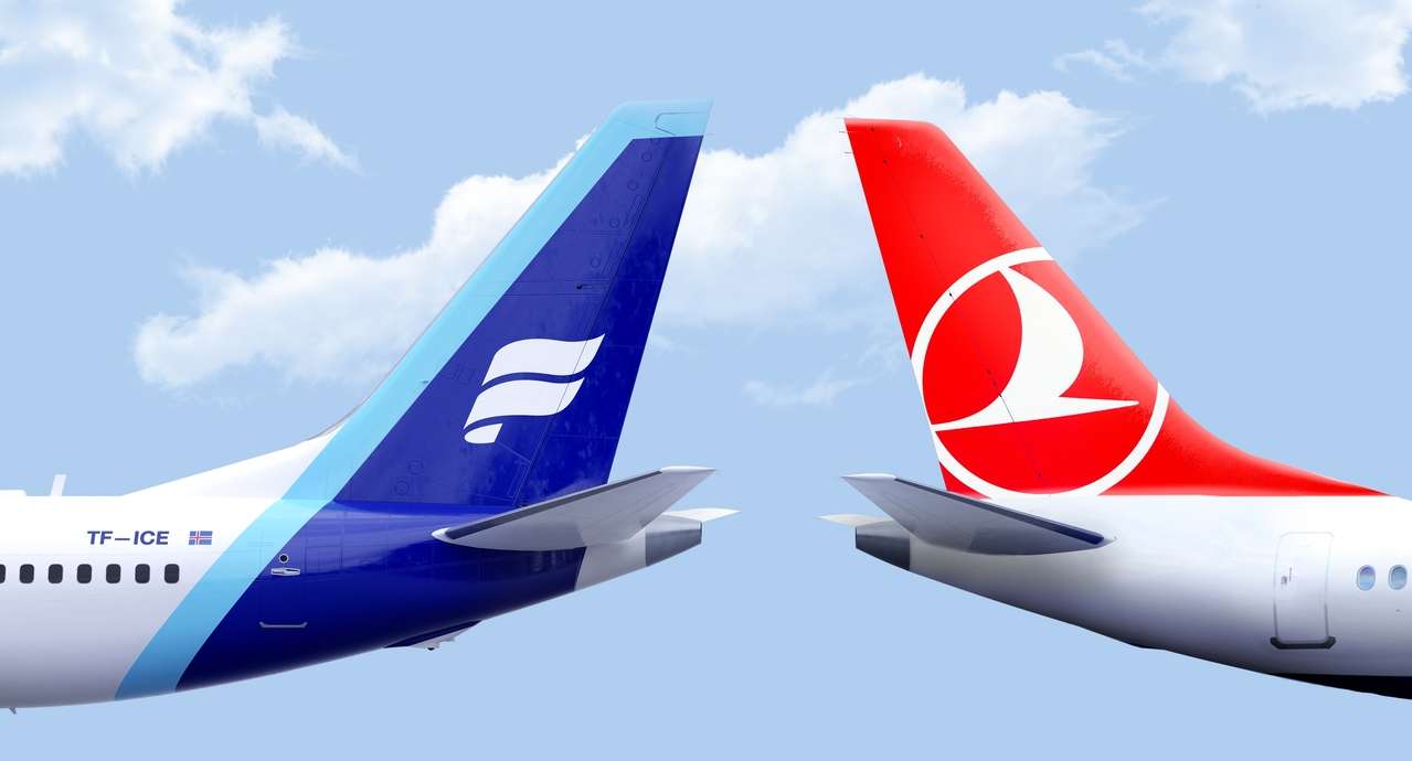 Render of the tailplanes of an Icelandair and a Turkish Airlines aircraft.