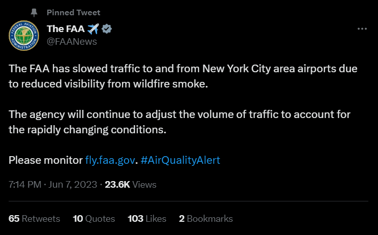 FAA Slows New York Airport Movements Due to Wildfires