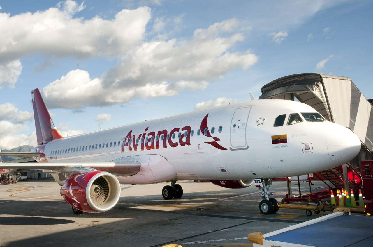 An Avianca Airlines Airbus A320 parked at the gate.