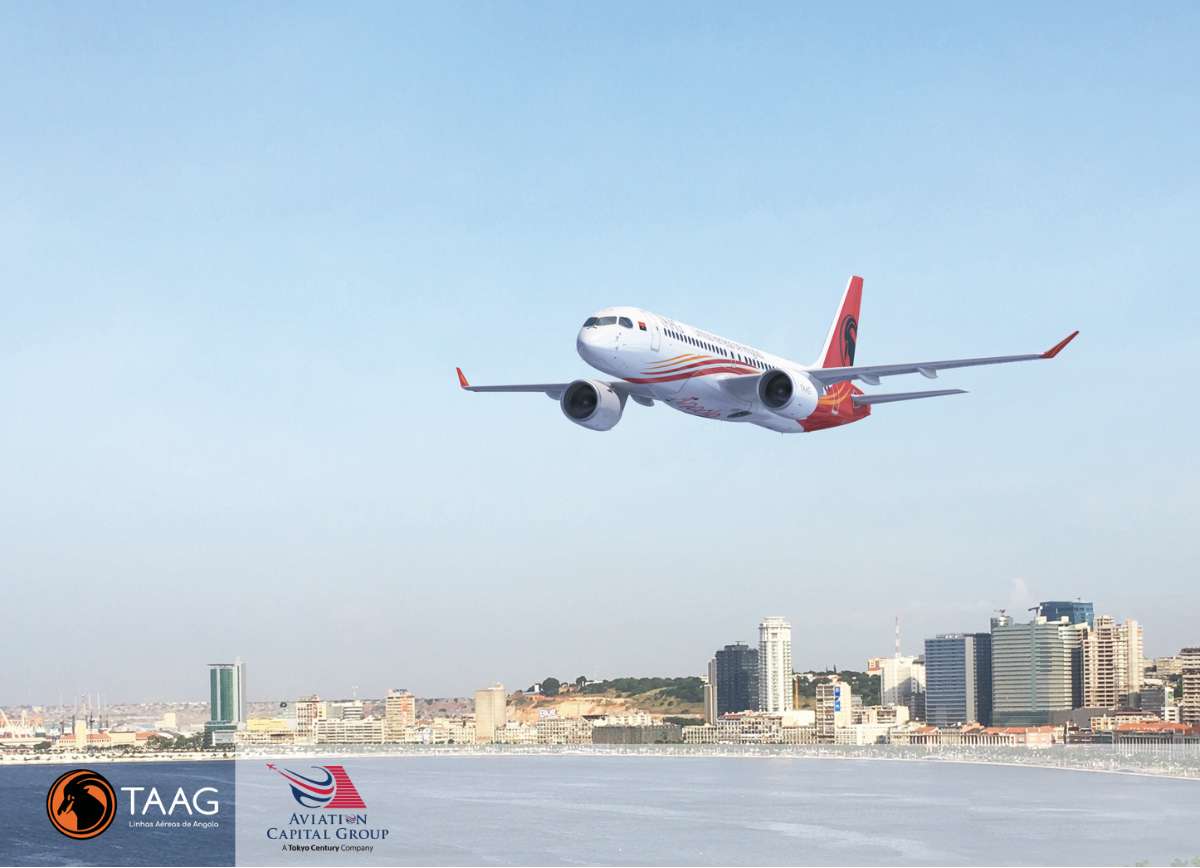 Render of a TAAG Angola Airlines A220 in flight.