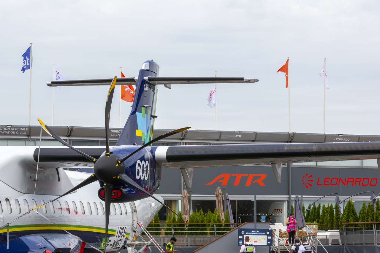 An ATR 72 aircraft parked on display.