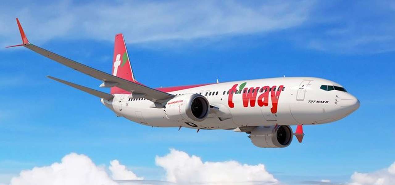 Render of T'way Air Boeing 737 MAX 8 in flight.