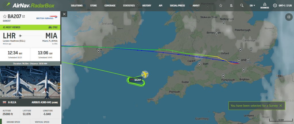 British Airways flight to Miami circling over Atlantic